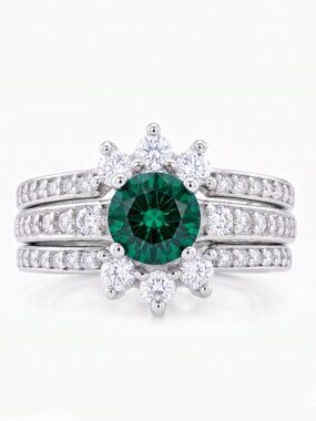 Emerald Green 3 Piece Ring set, real 925 Sterling Silver Charmed Aroma